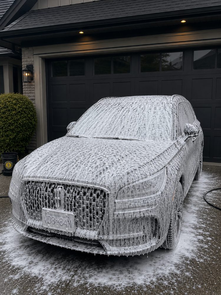 A Lincoln SUV covered in snow foam on a driveway