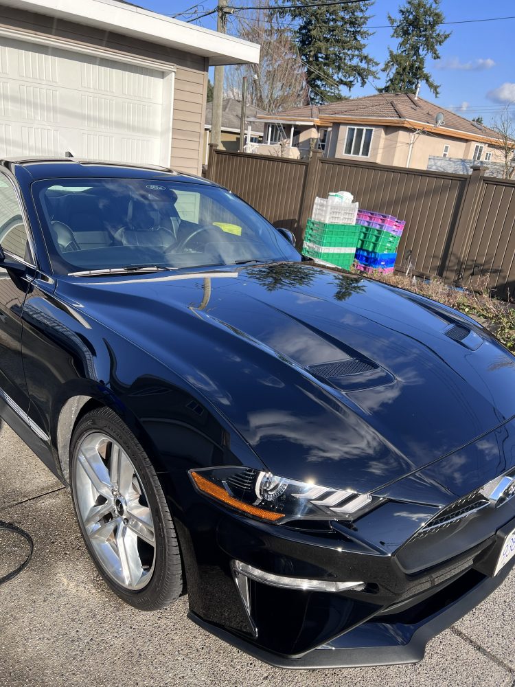 A black Ford Mustang GT drying on a driveway